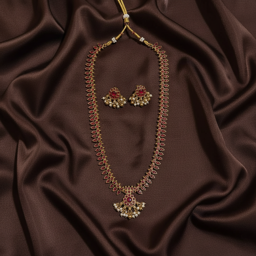 Nakshi Pattern Kempu Stone Long Haram - NH00479