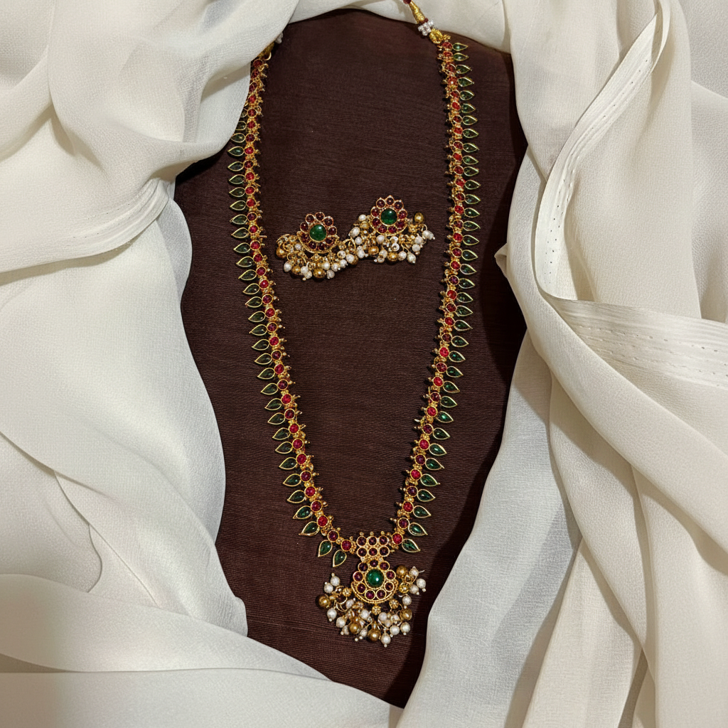 Nakshi Pattern Kempu Stone Long Haram - NH00479