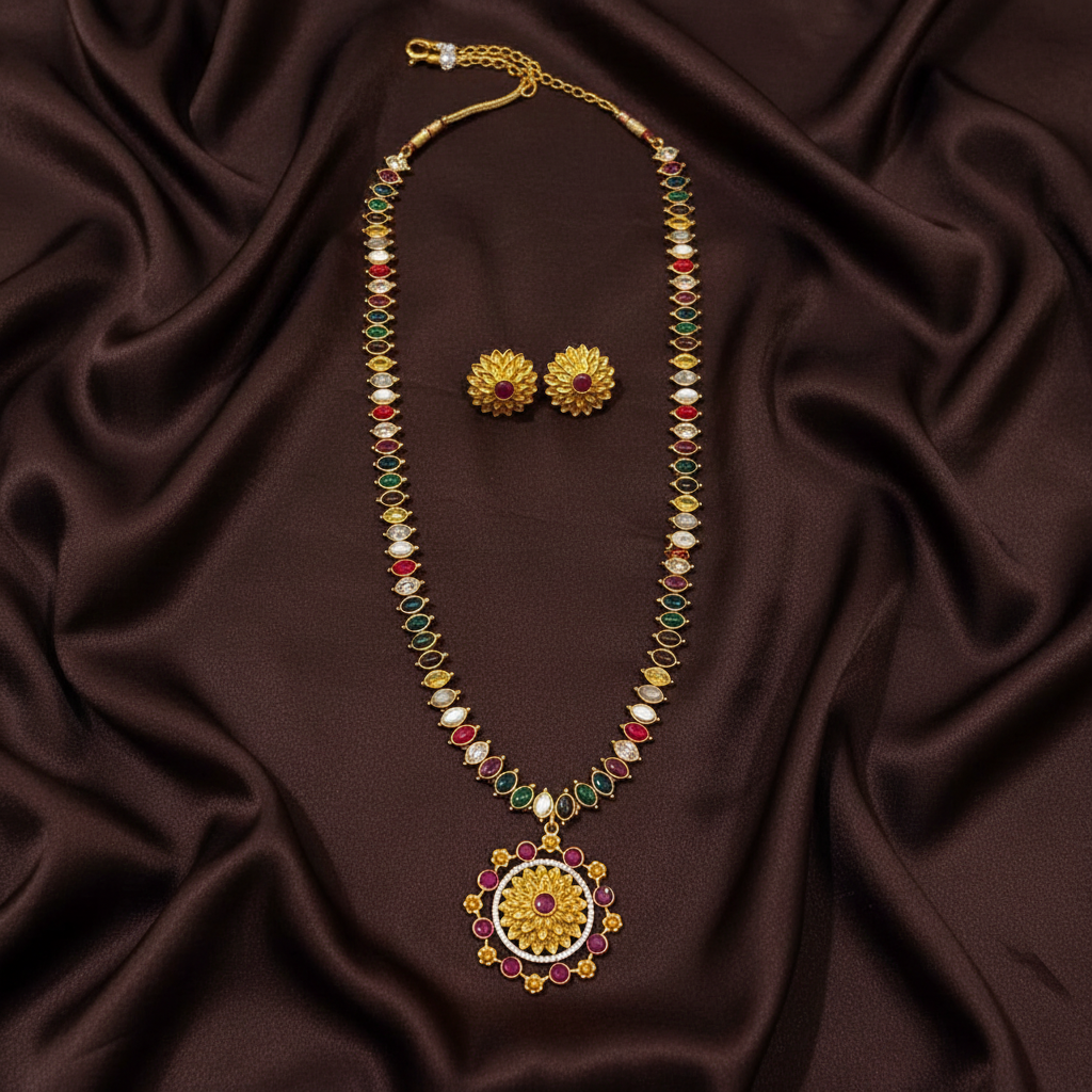 Navarathna Mid Length Haram With Earrings - NH00474