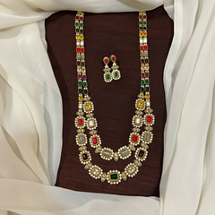 Beautiful Silver Replica Navaratna and Ruby 2 Line Haram - NH00472
