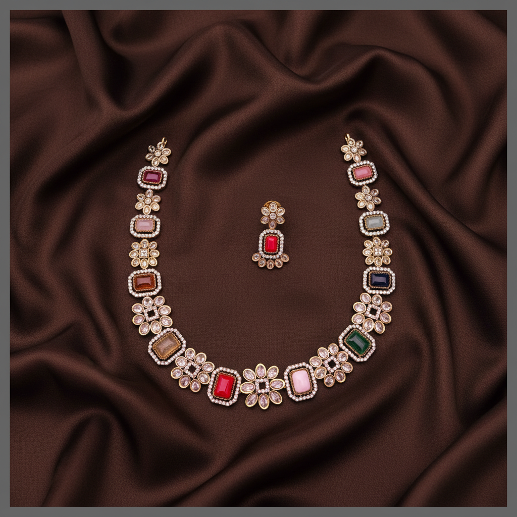 Navratna Stone Necklace In Nakshi - NN00817