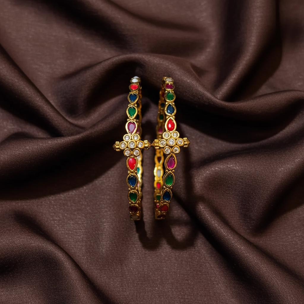 Navarathna Pair Bangle in Antique Polish - BG00664