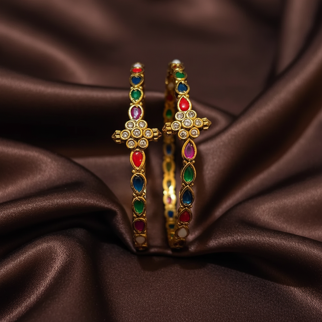 Navarathna Pair Bangle in Antique Polish - BG00664
