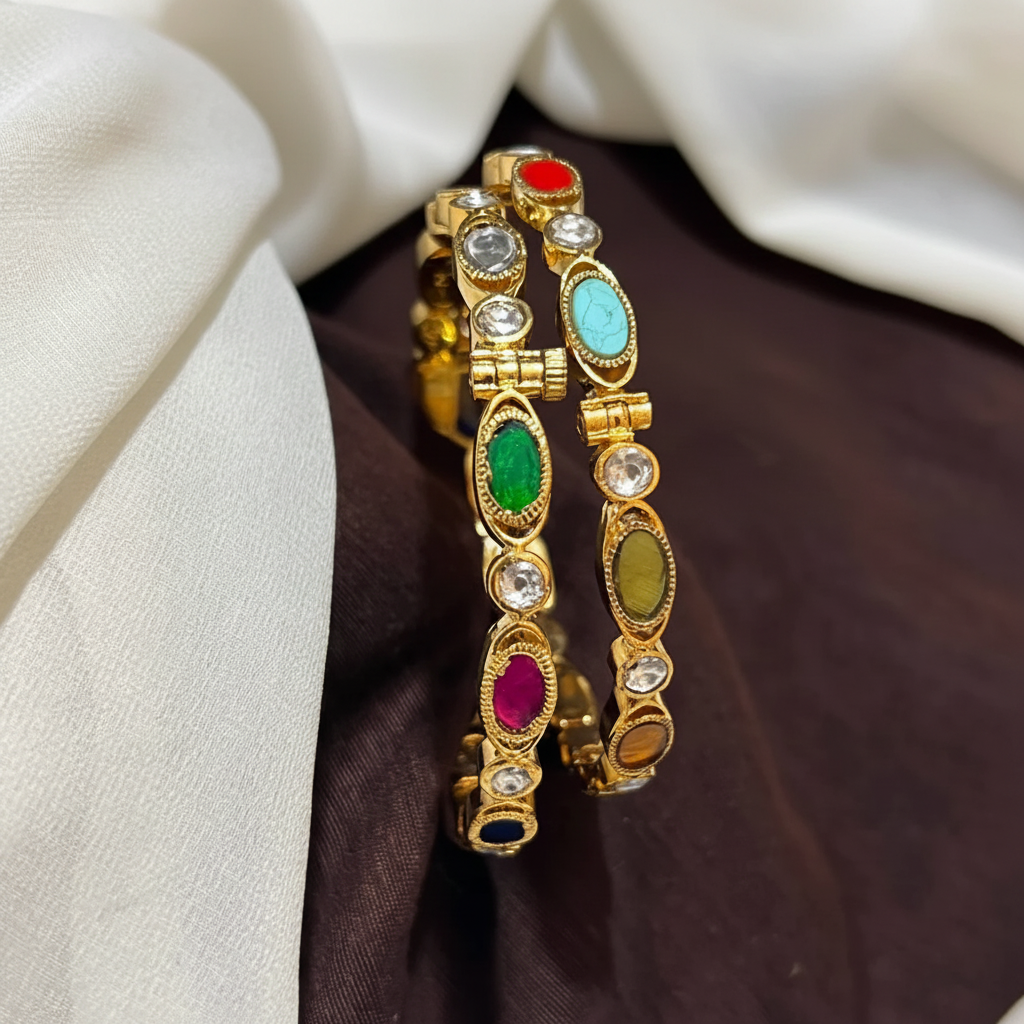Jadau Navarathna Screw Openable Bangles - BG00694