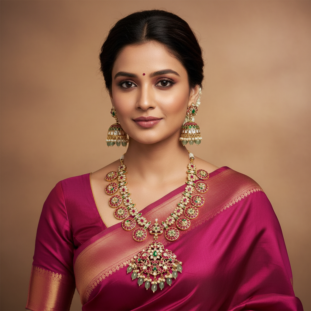 Jadau Bottu Necklace With Jhumkis - KN00613