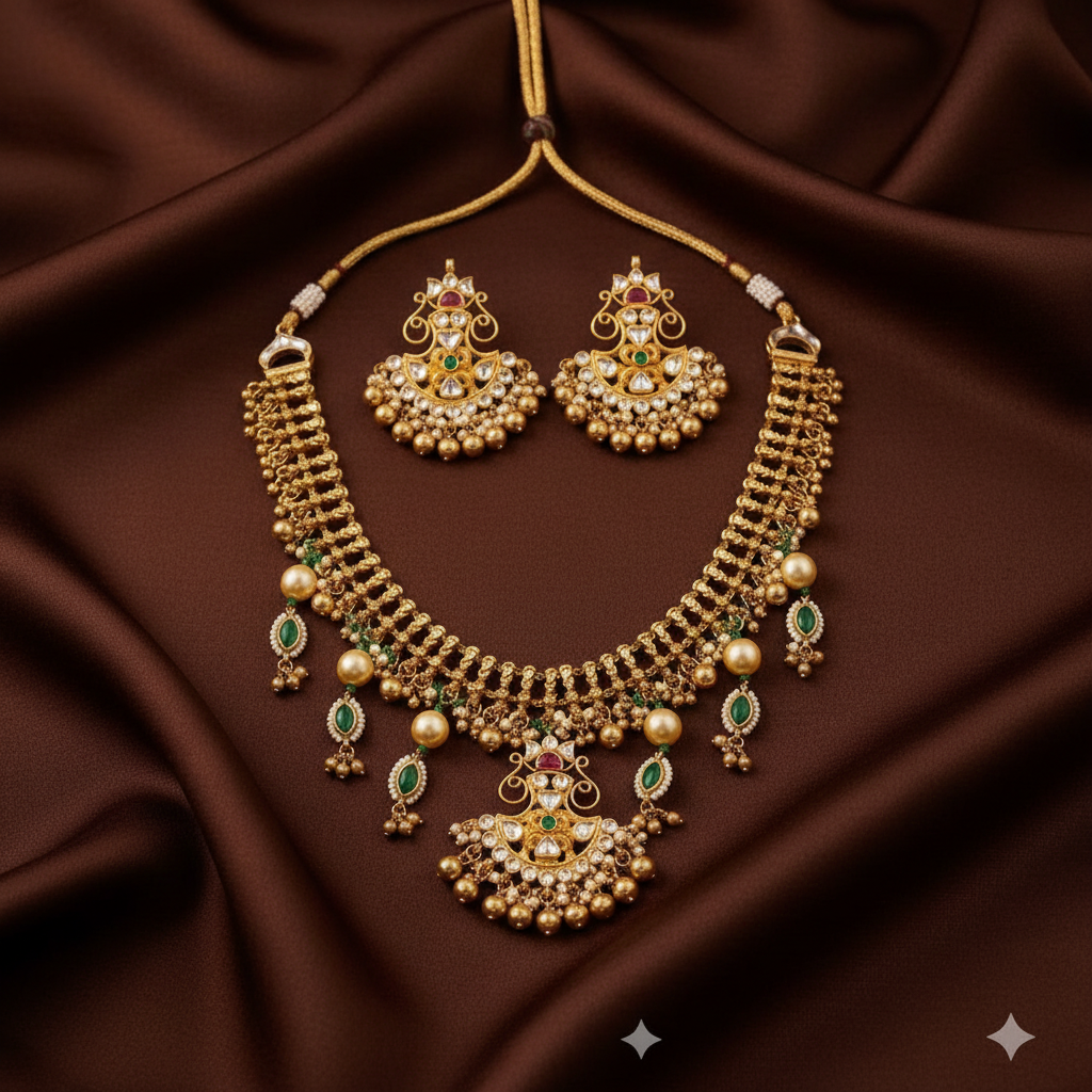 Jadau Gold Replica necklace With Small Pendants - KN00611