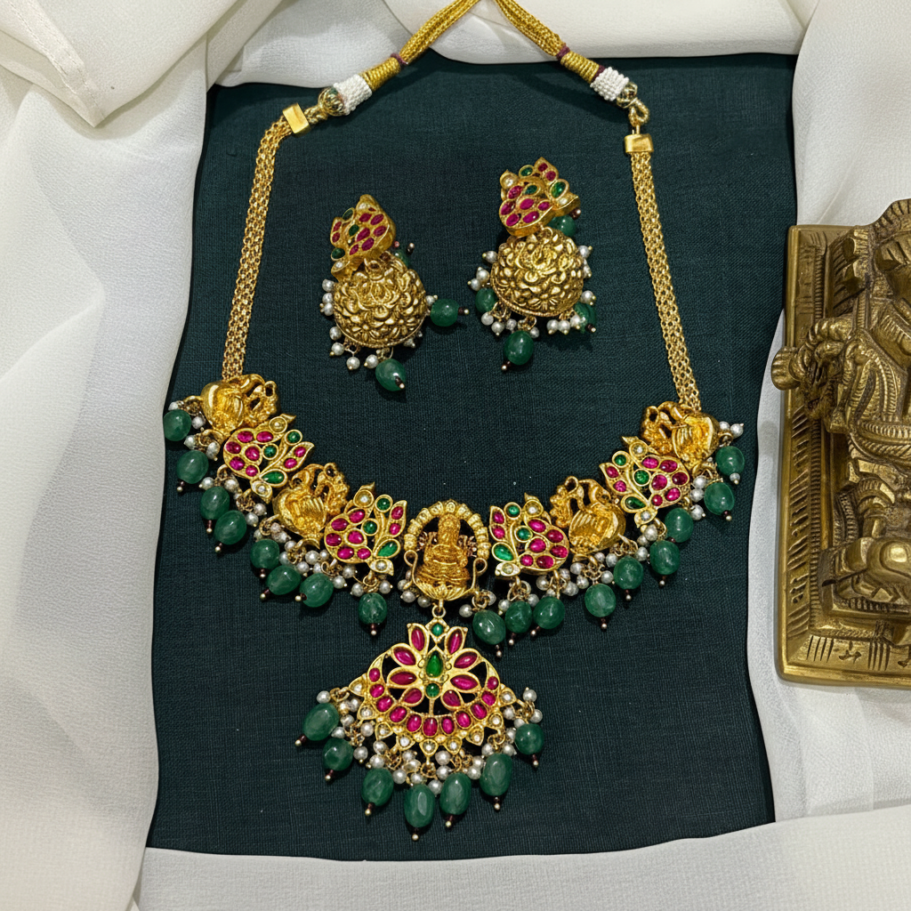 Jadau Nakshi Lakshmi Set With Emerals Beads - KN00610