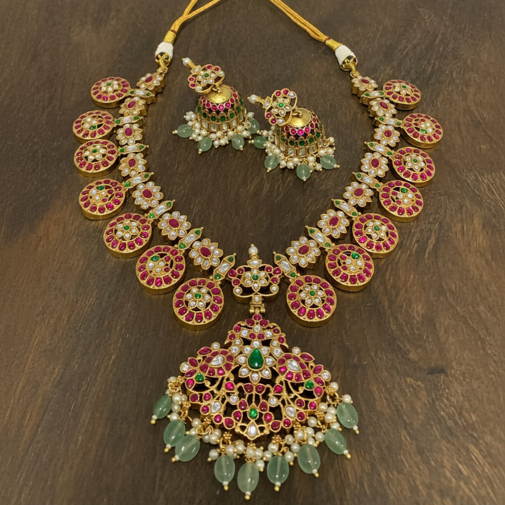 Jadau Bottu Necklace With Jhumkis - KN00613