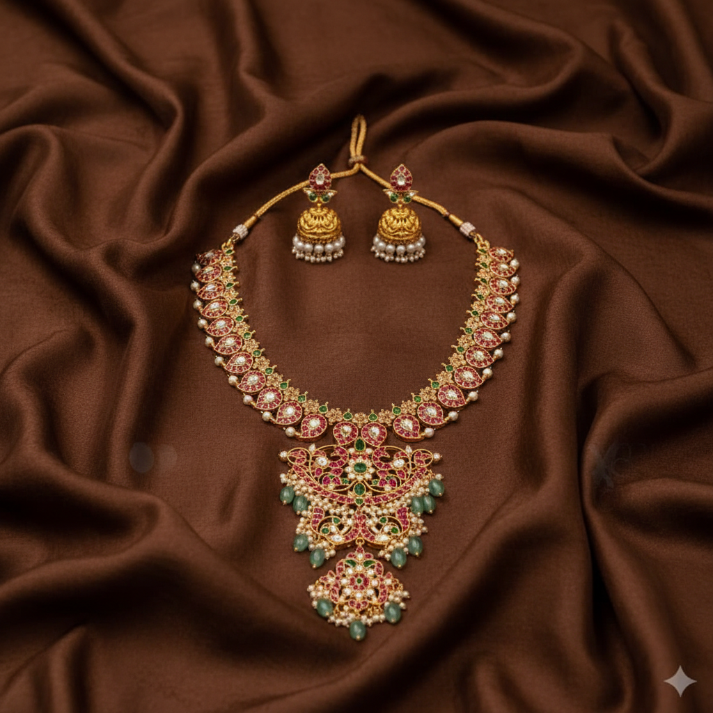 Mango Jadau Long Haram 4 step Pendant With Pair Jhumki - KH00389