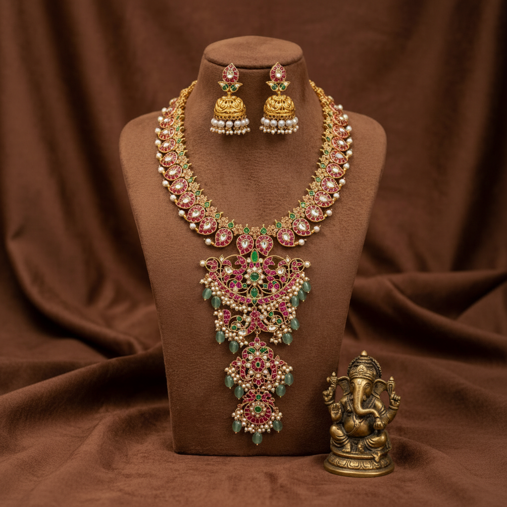 Mango Jadau Long Haram 4 step Pendant With Pair Jhumki - KH00389