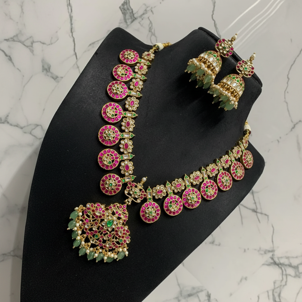 Jadau Bottu Necklace With Jhumkis - KN00613