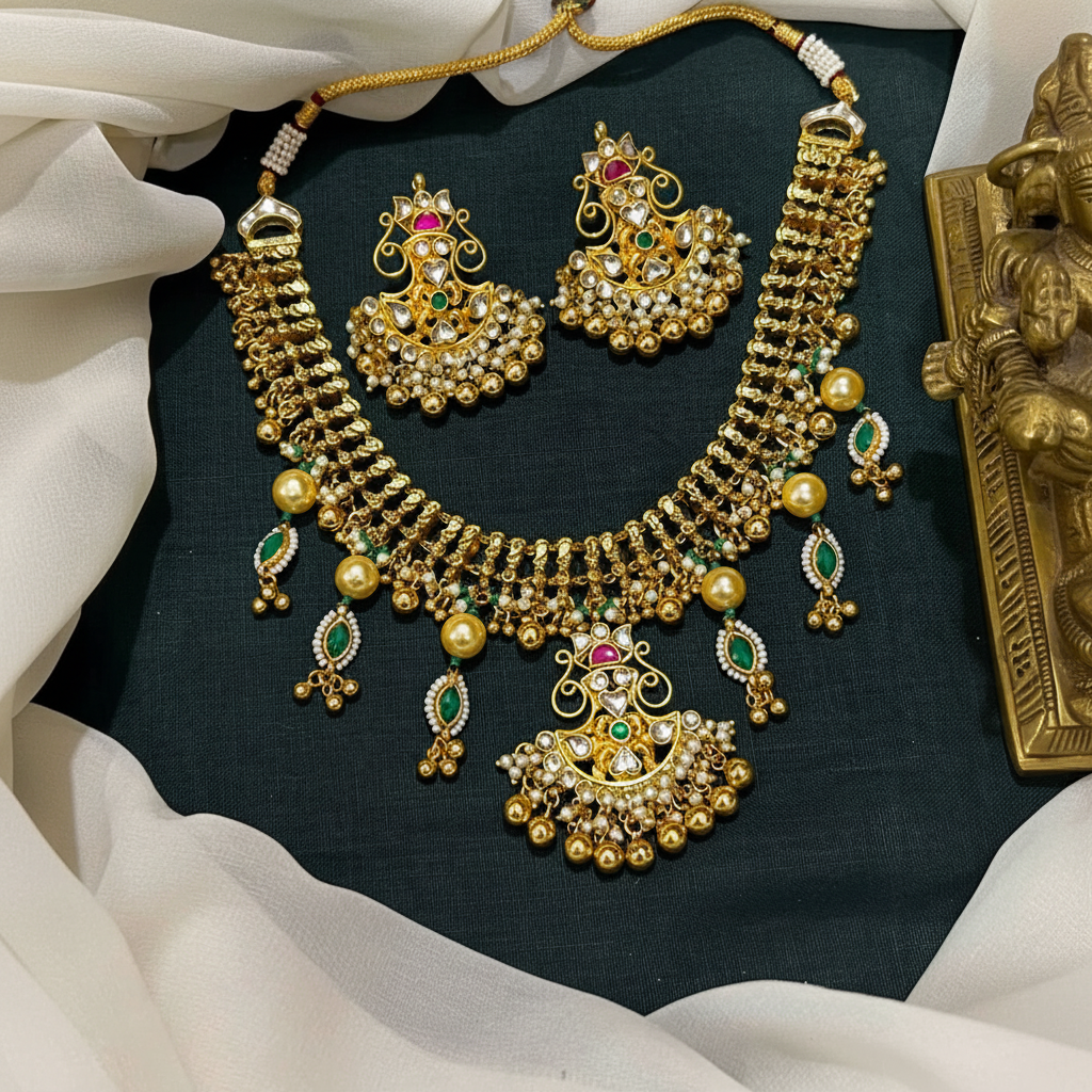 Jadau Gold Replica necklace With Small Pendants - KN00611