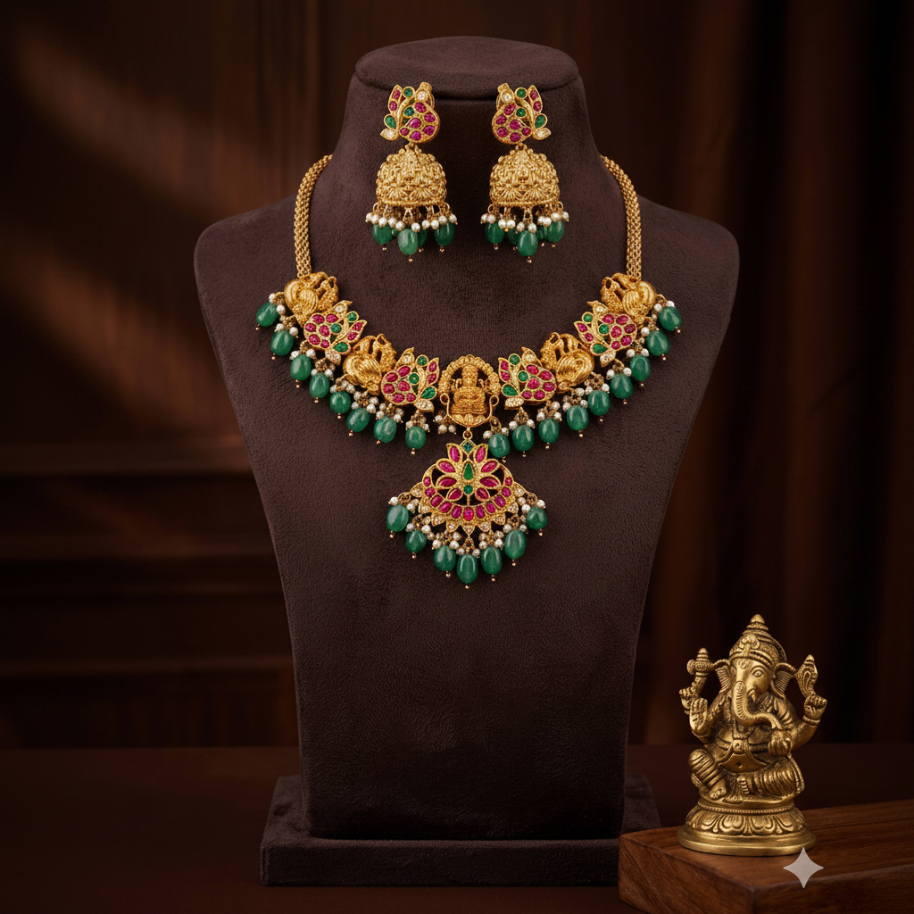 Jadau Nakshi Lakshmi Set With Emerals Beads - KN00610