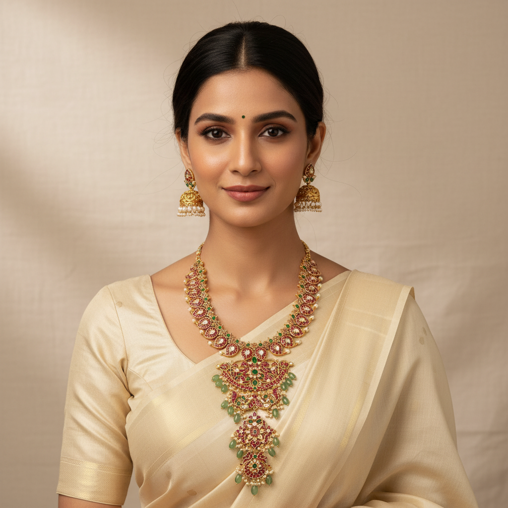 Mango Jadau Long Haram 4 step Pendant With Pair Jhumki - KH00389