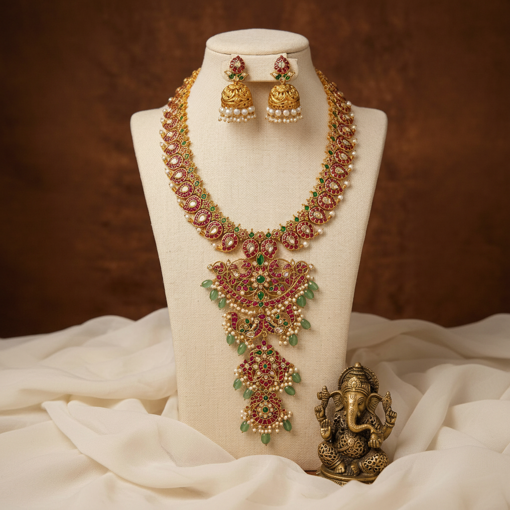 Mango Jadau Long Haram 4 step Pendant With Pair Jhumki - KH00389