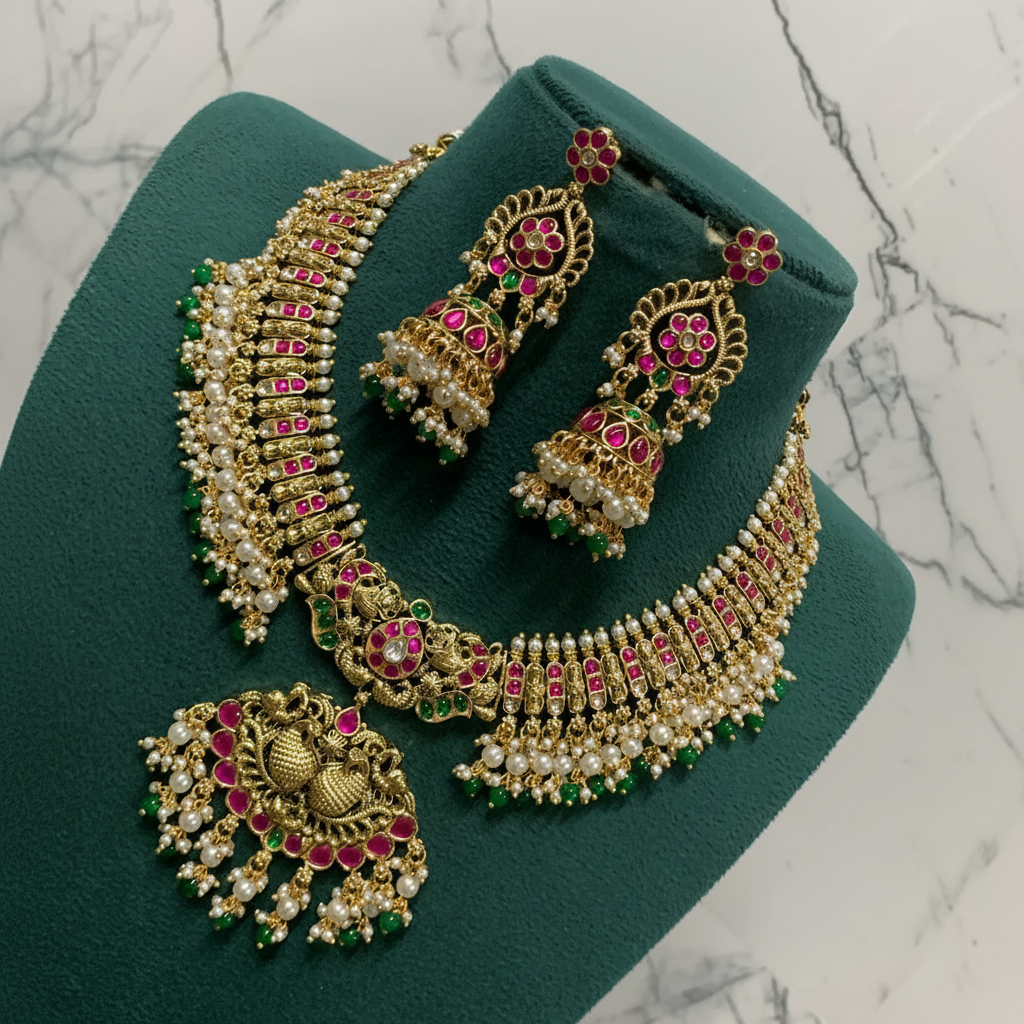 Jadau Short Necklace With Guttipusalu - KN00665
