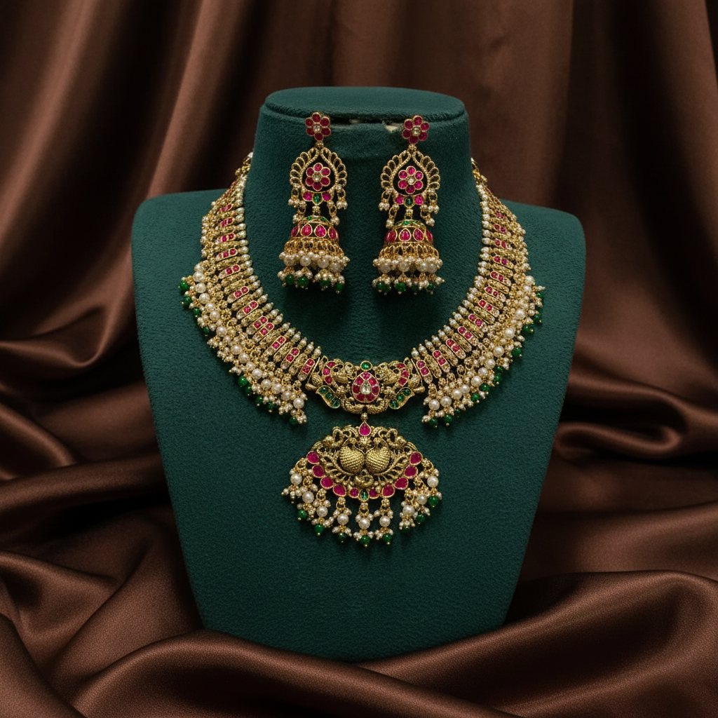 Jadau Short Necklace With Guttipusalu - KN00665