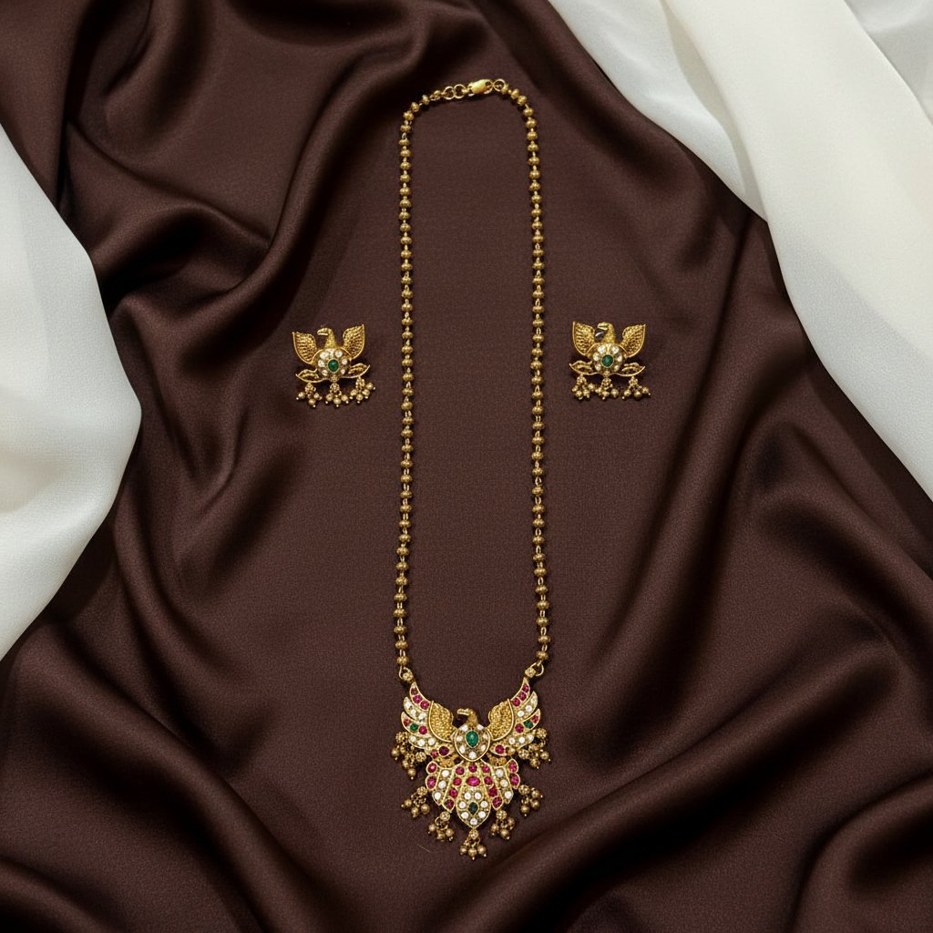 Simple Ball Chain With Gandaberunda pendant In Pota Stones - NH00449
