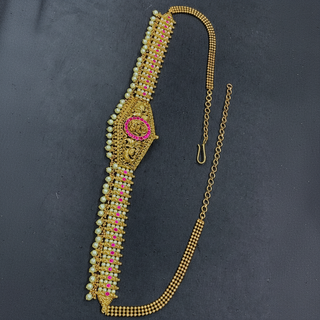 Beads And Pearls Jadau Lakshmi Waist Belt - WB0014