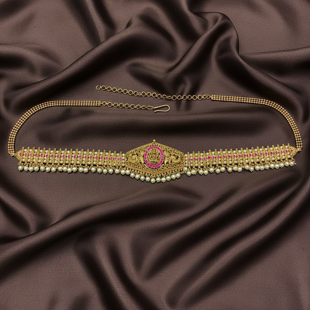 Beads And Pearls Jadau Lakshmi Waist Belt - WB0014