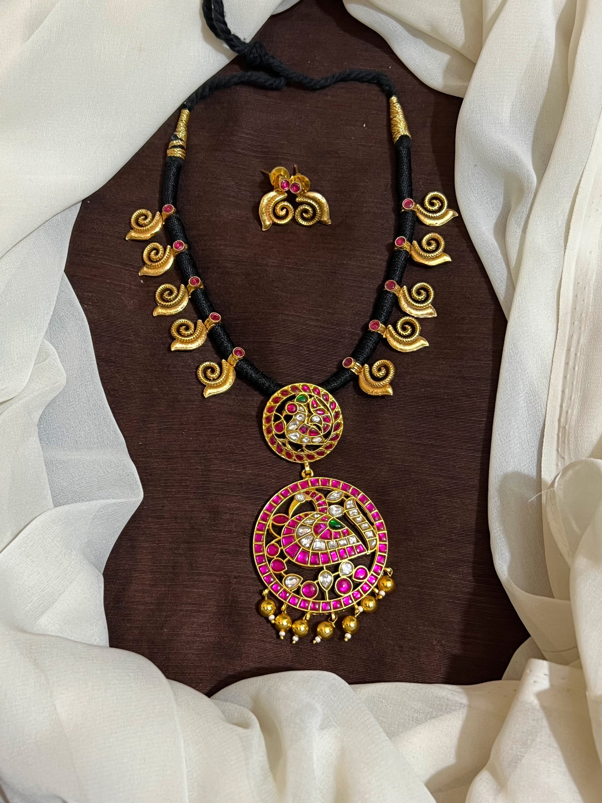Beautiful Jadau Black Dori WIth Peacock Pendant - BD00171