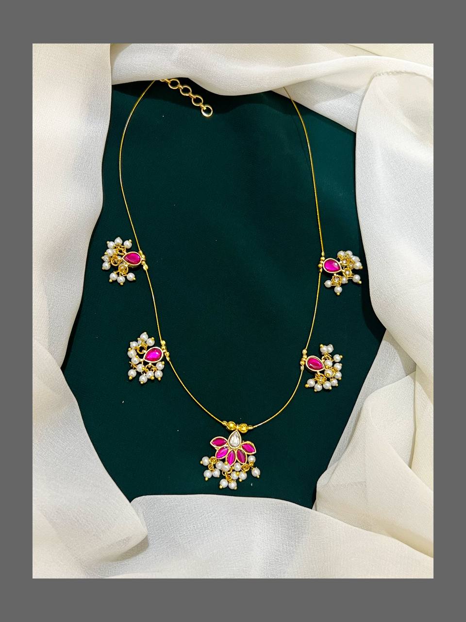 Ruby and White Stone Flower Necklace in Kundan - KN00252