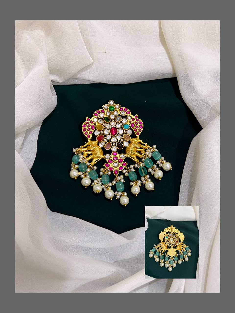 Jadau Navaratna Gold Replica Pendant - KP00114