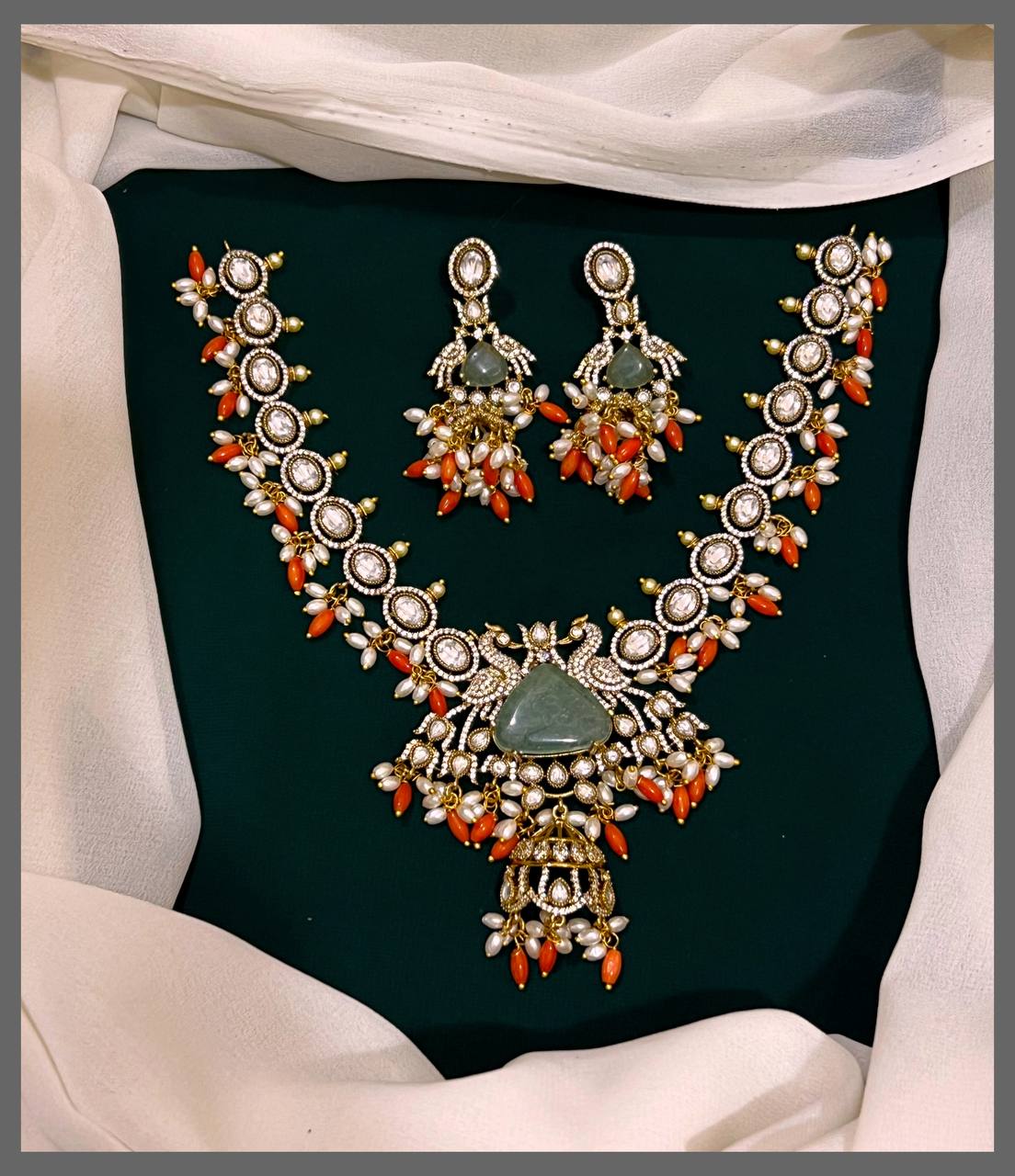 Beautiful  White Stone with Rice Pearl Victorian Necklace - VN00118