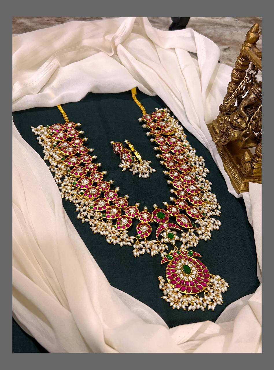 Mango Long Jadau Haram With Guttipusalu And Earrings - KH00314