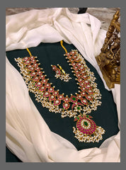 Mango Long Jadau Haram With Guttipusalu And Earrings - KH00314