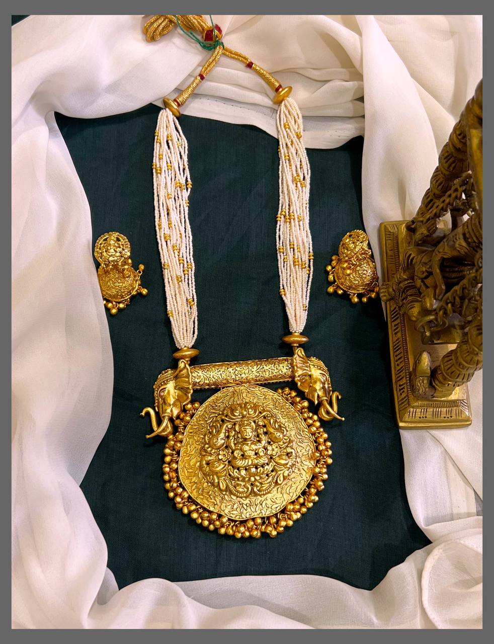 White Pearl Necklace With Elephant and Lakshmi Pendent - PB00192