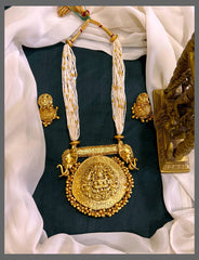 White Pearl Necklace With Elephant and Lakshmi Pendent - PB00192