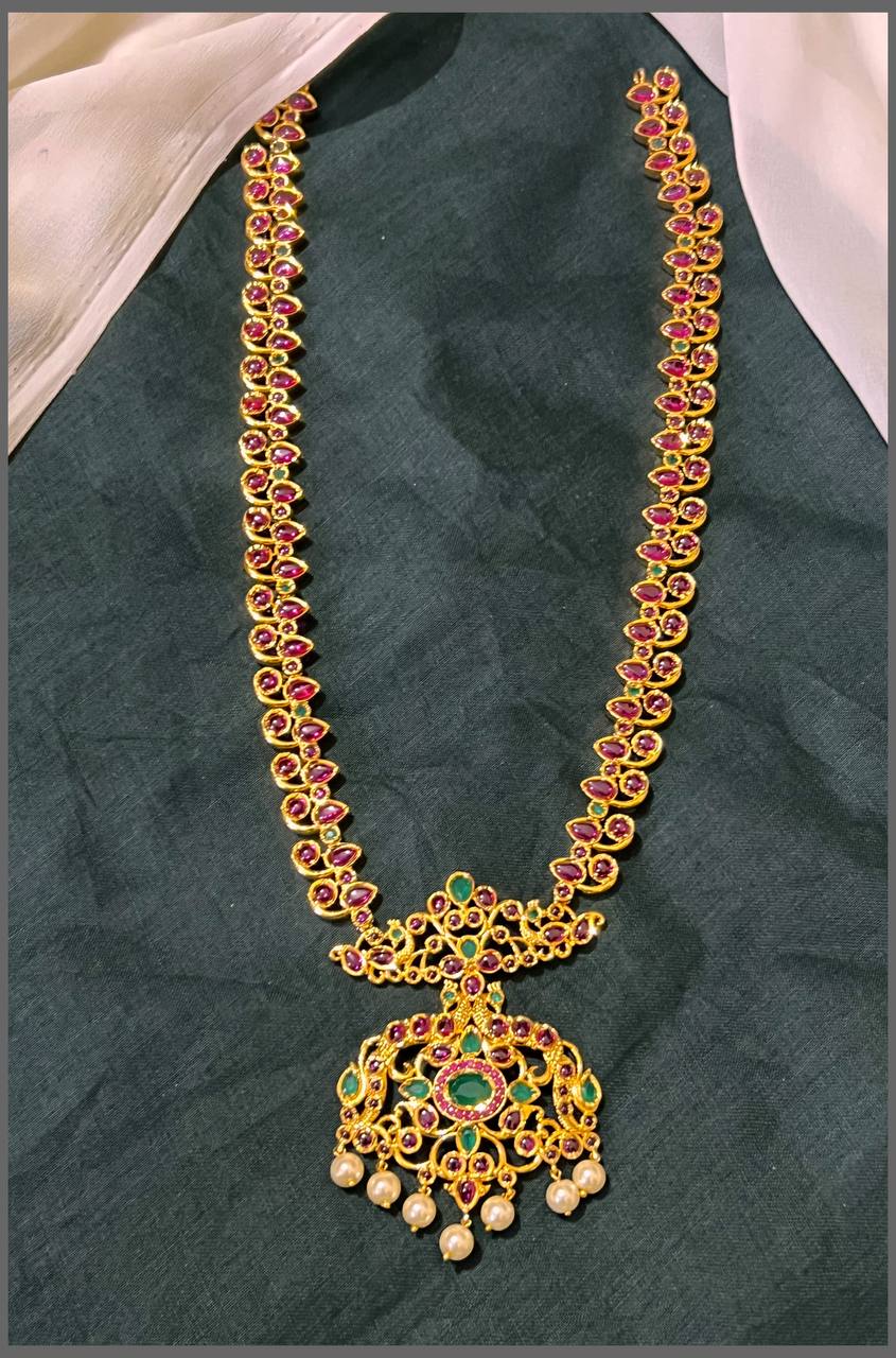 Ruby Haram with flower pendant in Nakshi - NH00303