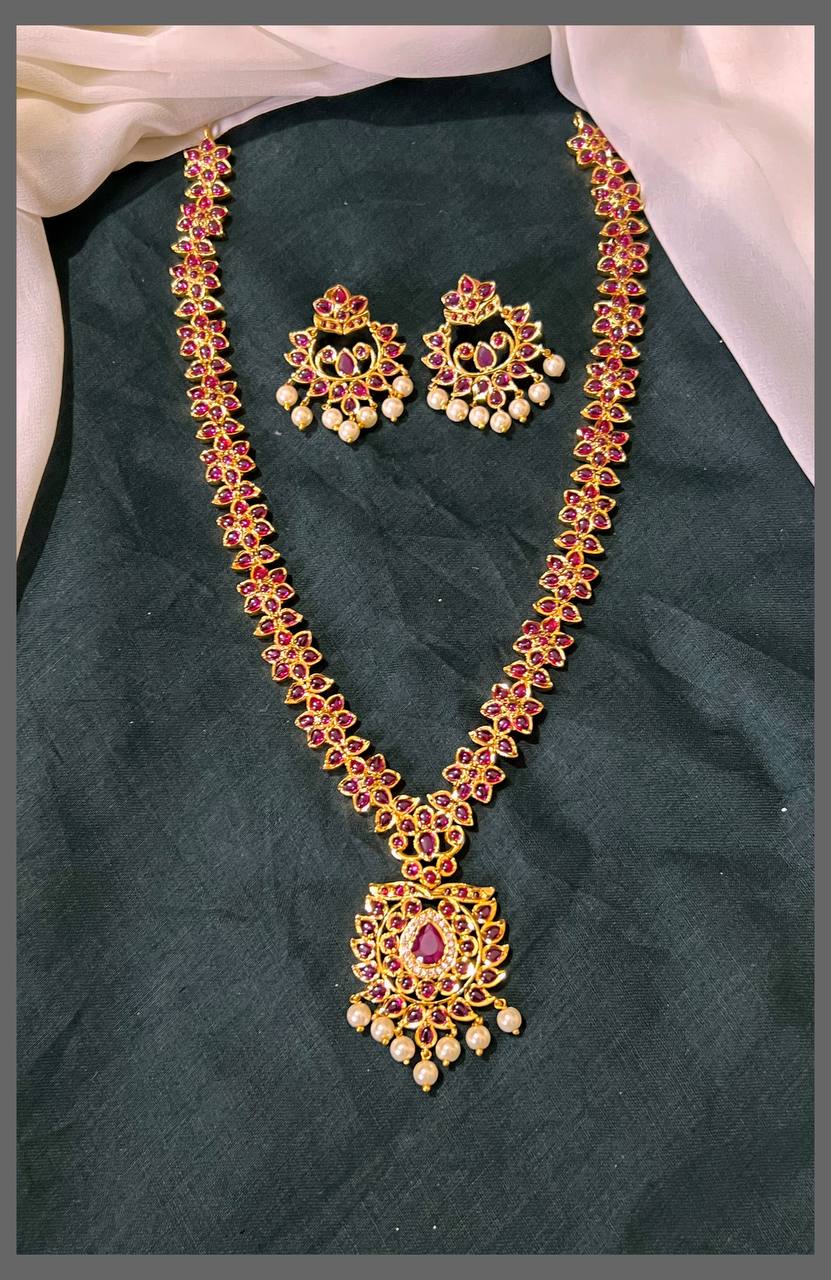 Ruby Flower Haram with Pendant in Nakshi - NH00312