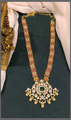 Ruby Flower Haram with Rich  Moissanite Pendant in Kundan - KH00321