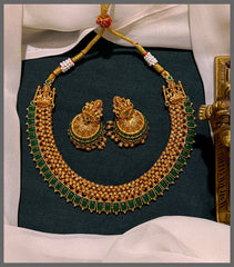 Rich Elegant Golden Pearl and Emerlad Stone Necklace in Nakshi - NN00698