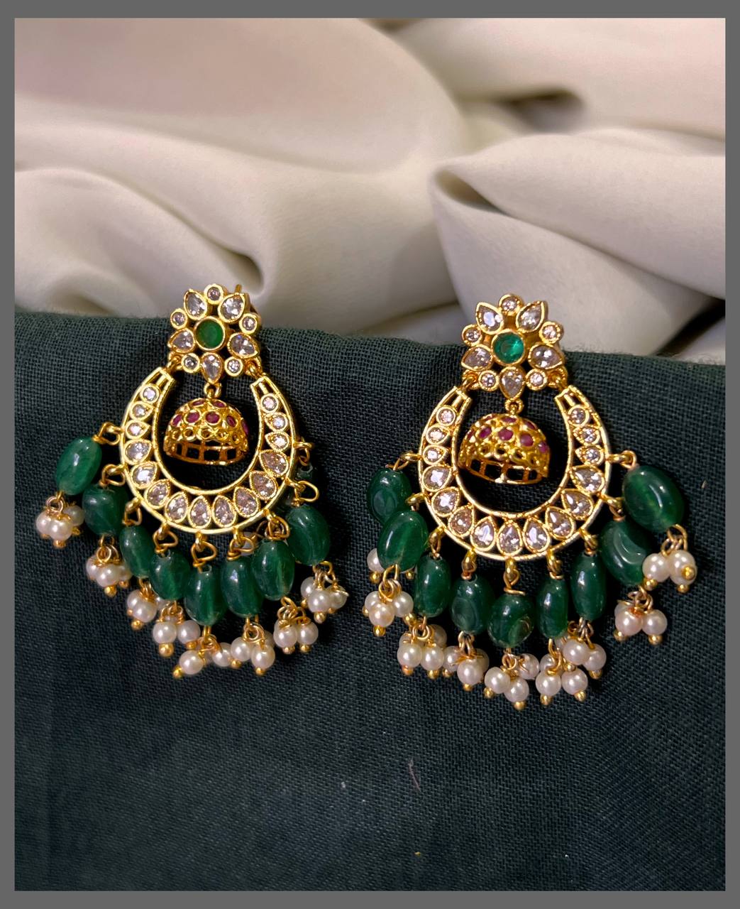 Rich White stone Flower with Chand bali Green Pearl Hugging earring in Nakshi - NE00620
