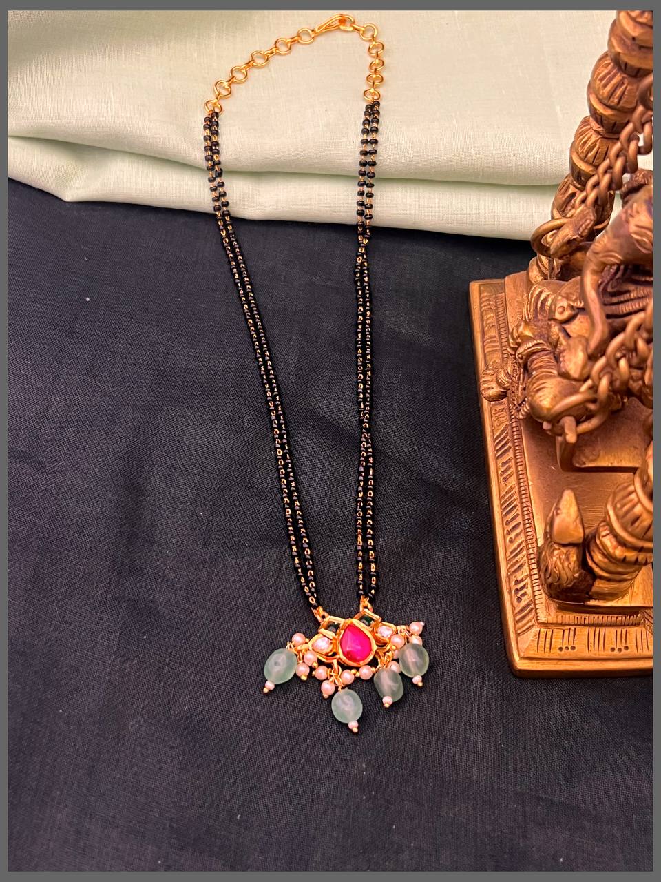 Ruby Beautiful Nakshi Pendant with 2 Layer Black Beads Haram - BD00140