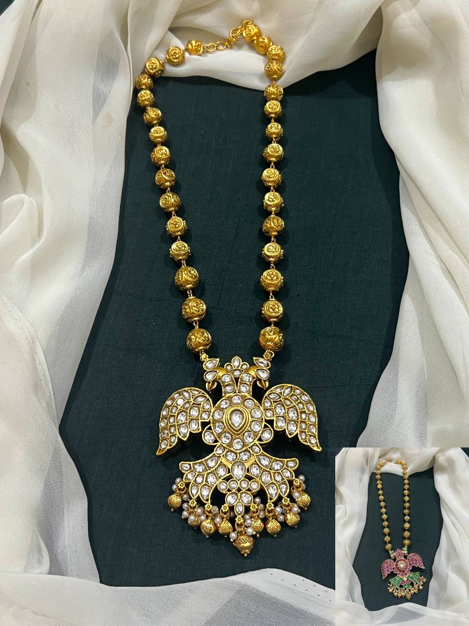 Jadau Gandaberunda big Double Side Pendant With Nakshi Balls Chain - PB00574