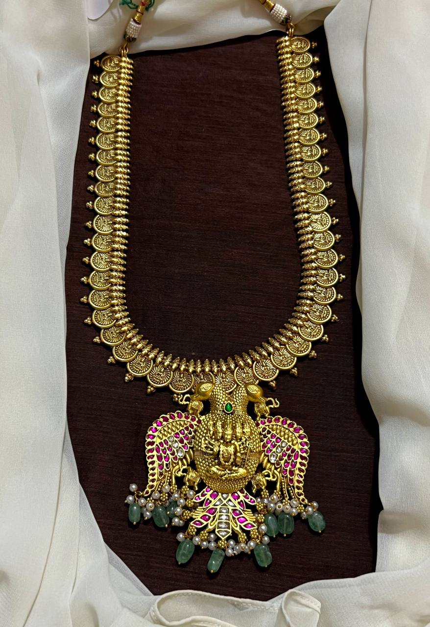Jadau Gandaberunda Pendant With Lakshmi Kaasu in Antique Polish - KH00166