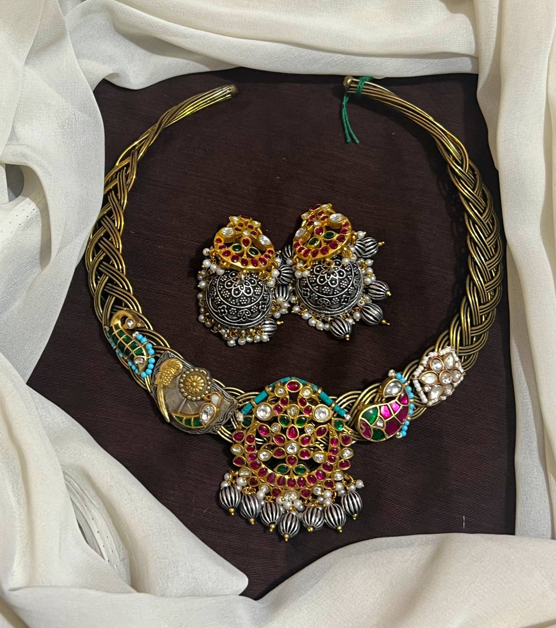 Jadau Fusion Piece German Silver Choker With Jhumki's - KN00677