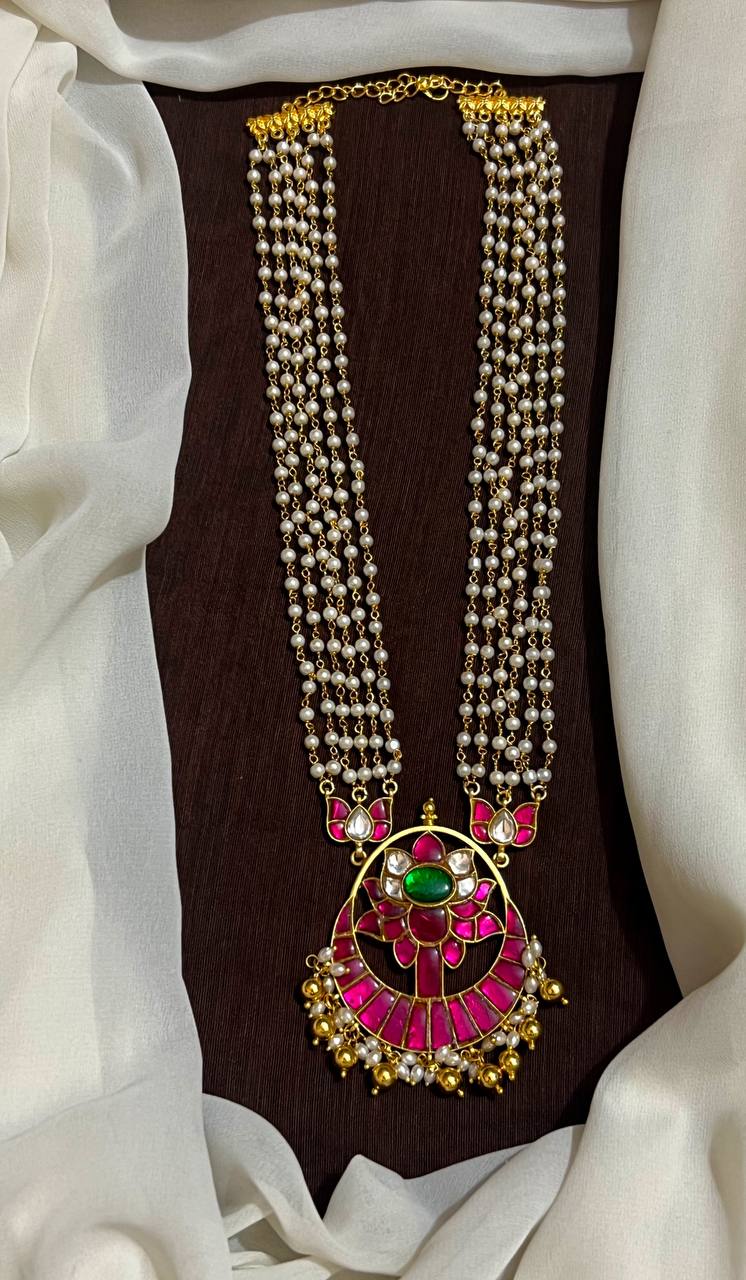 Jadau Lotus Pendant In Gold Polish With Pearl Chain - PB00642