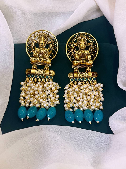 Lord Lakshmi in Sea Blue and Pearl Nakshi Earrings - NE0124