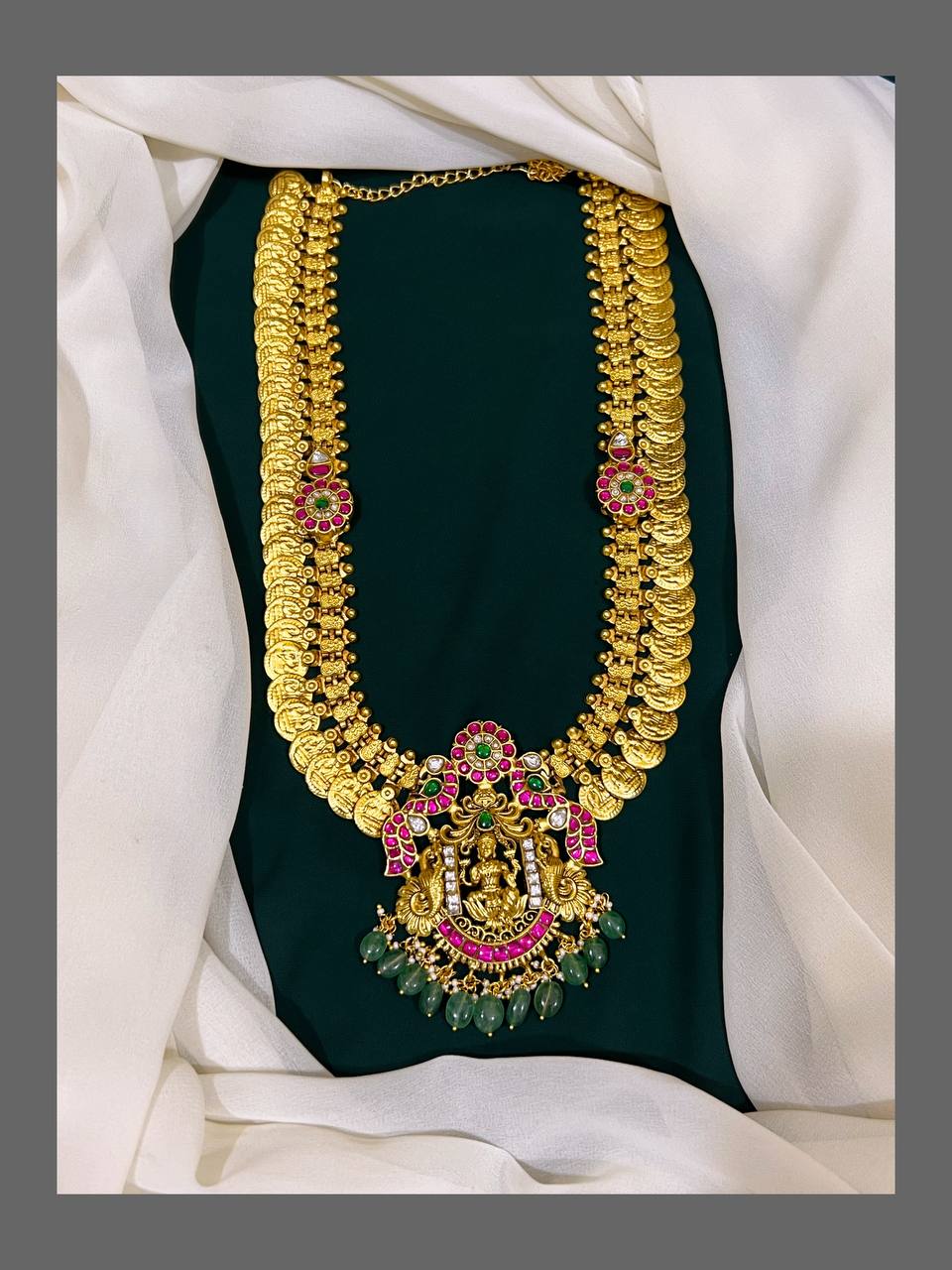 Kaasu Mala with Lakshmi and Peacock Pendent in Kundan - KH00184
