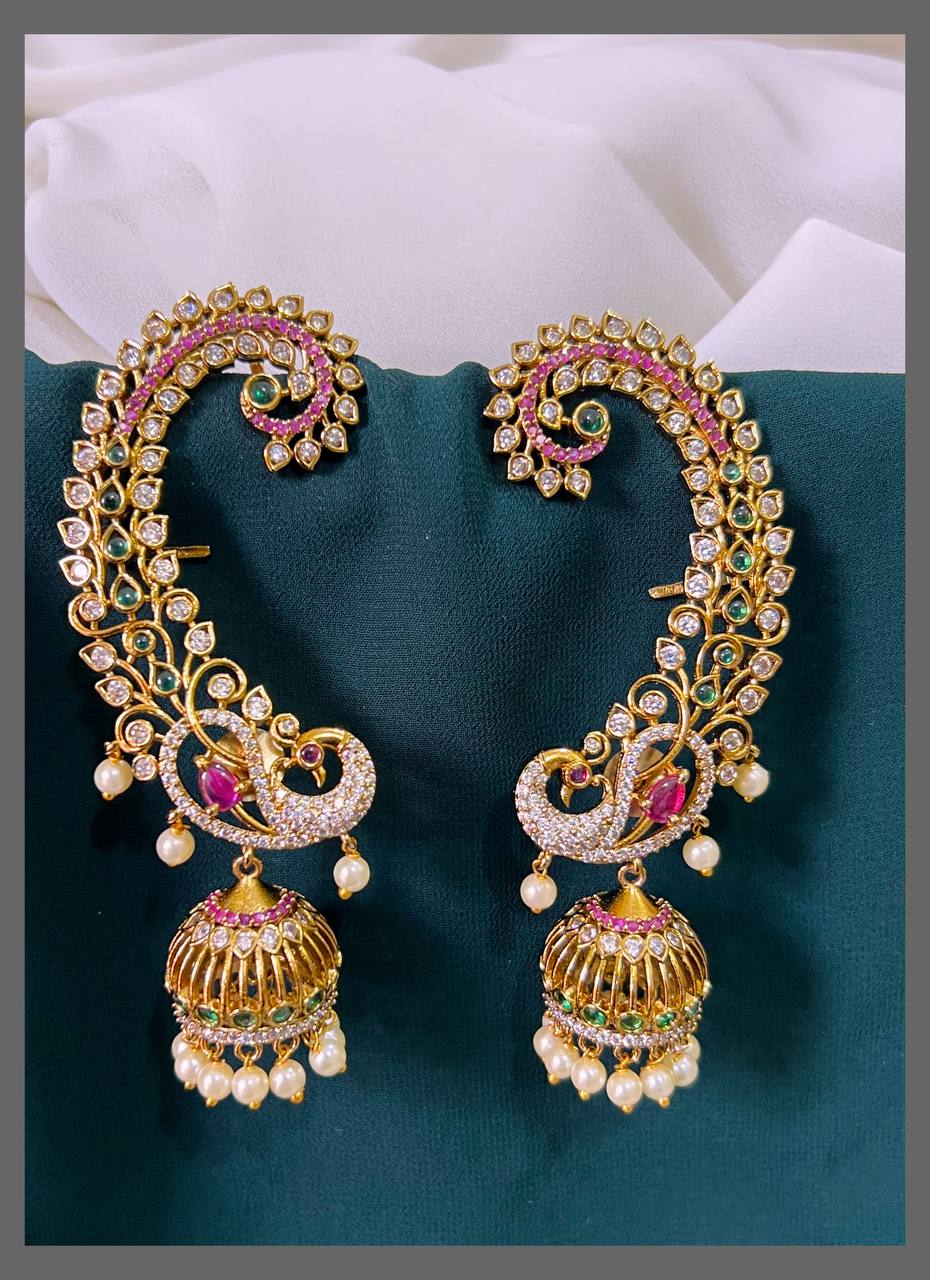 Peacock Earcuff with CZ And Mehandi Polish - NE00459