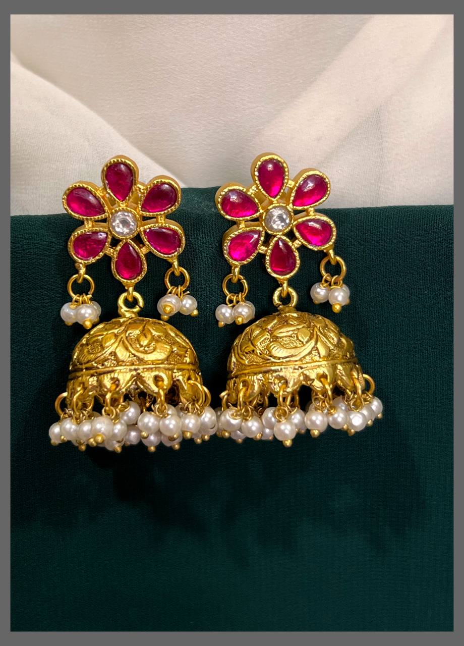Flower Stud Jadau Jhumki Back Screw - KE00108