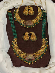 Gold Polish Bridals With Big Jhumkis amd Emerald Beads Haram - BR0038