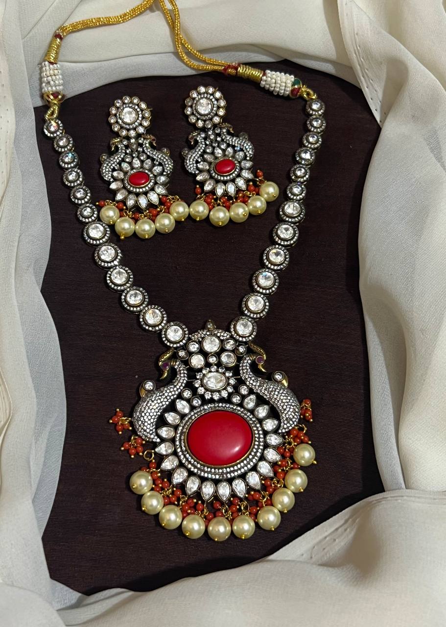 Victorian Peacock Necklace With Coral Beads and Pearls - VN00201