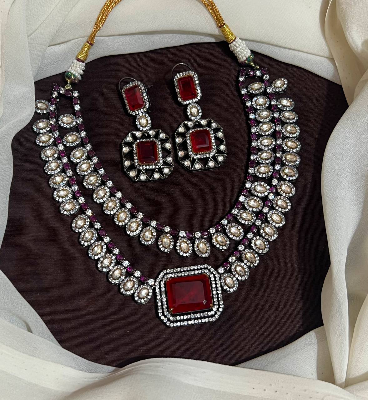 Double Layer Ruby Stone Victorian Necklace With Earrings-VN00207