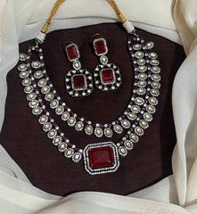 Double Layer Ruby Stone Victorian Necklace With Earrings-VN00207